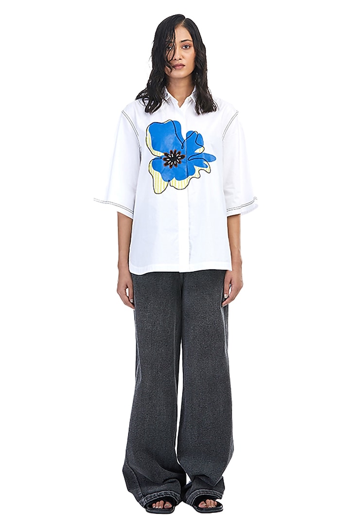 White Cotton Embellished Shirt by Kanika Goyal at Pernia's Pop Up Shop