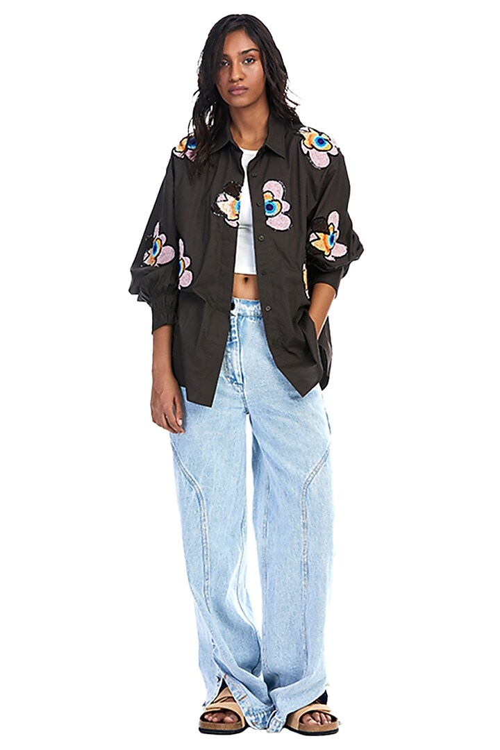 Brown Cotton Embellished Shirt by Kanika Goyal at Pernia's Pop Up Shop