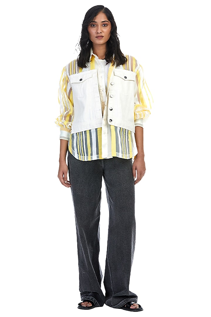 Yellow & White Organza Pinstripe Shirt by Kanika Goyal at Pernia's Pop Up Shop