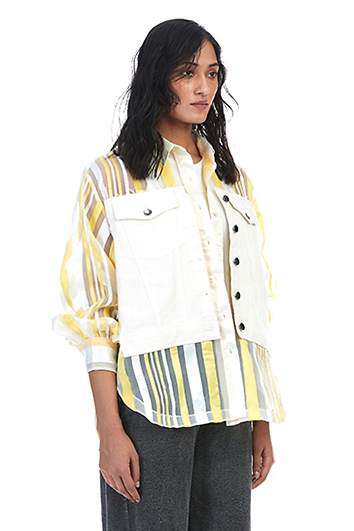 Yellow & White Organza Pinstripe Shirt by Kanika Goyal at Pernia's Pop Up Shop