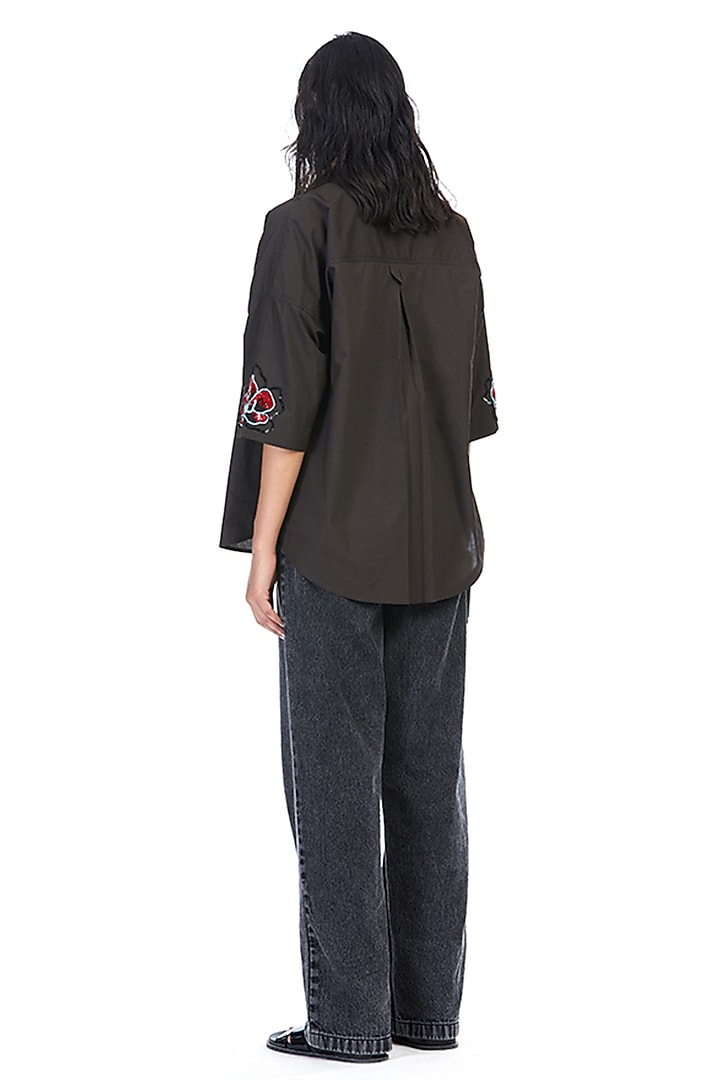Brown Cotton Embellished Shirt by Kanika Goyal at Pernia's Pop Up Shop