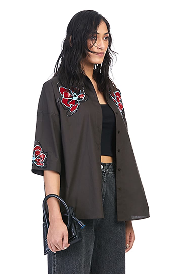 Brown Cotton Embellished Shirt by Kanika Goyal at Pernia's Pop Up Shop