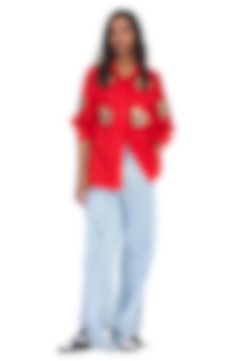 Red Cotton Embellished Shirt by Kanika Goyal at Pernia's Pop Up Shop