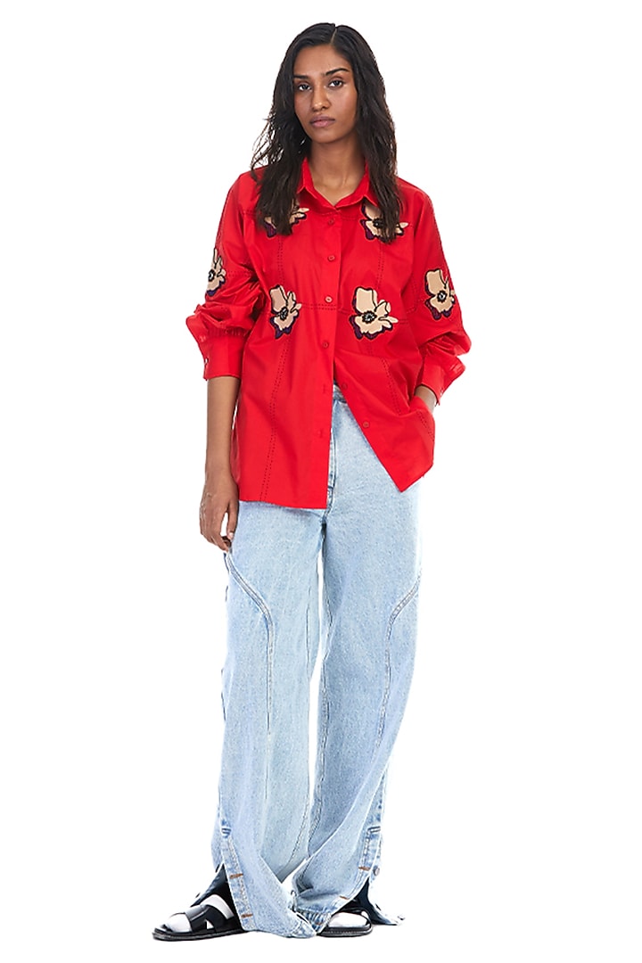 Red Cotton Embellished Shirt by Kanika Goyal at Pernia's Pop Up Shop