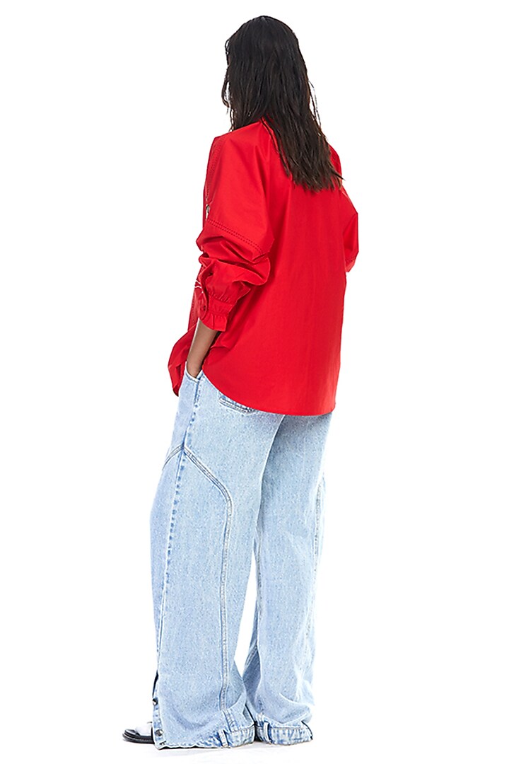 Red Cotton Embellished Shirt by Kanika Goyal at Pernia's Pop Up Shop
