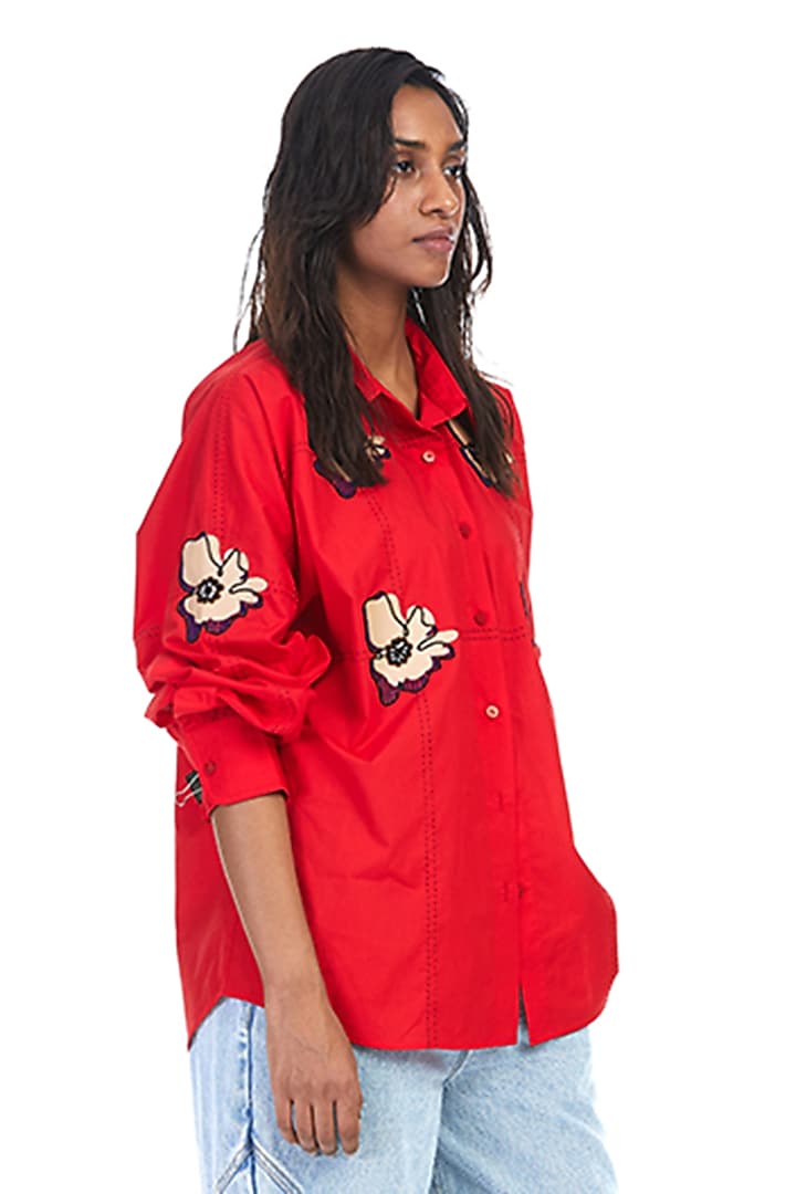 Red Cotton Embellished Shirt by Kanika Goyal at Pernia's Pop Up Shop