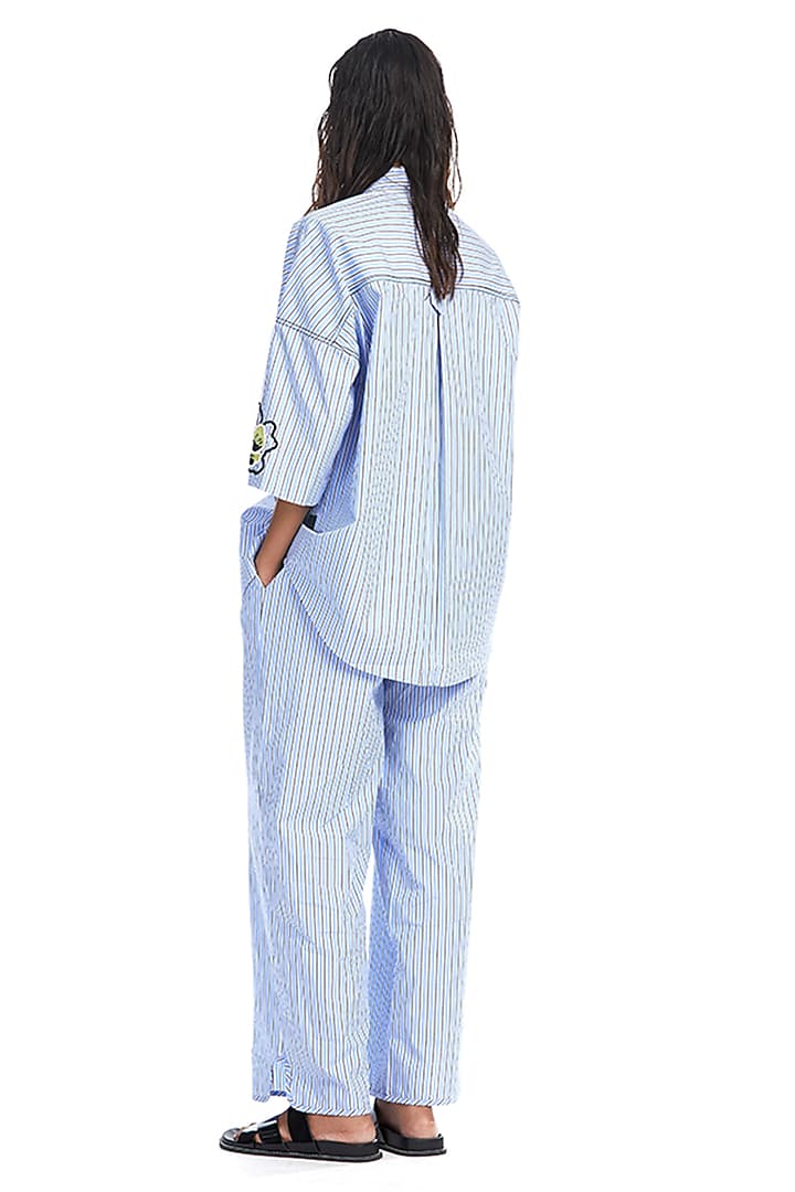 Blue Cotton Embellished Shirt by Kanika Goyal at Pernia's Pop Up Shop