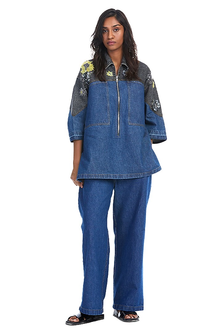 Blue Cotton Denim Zipper Shirt by Kanika Goyal at Pernia's Pop Up Shop