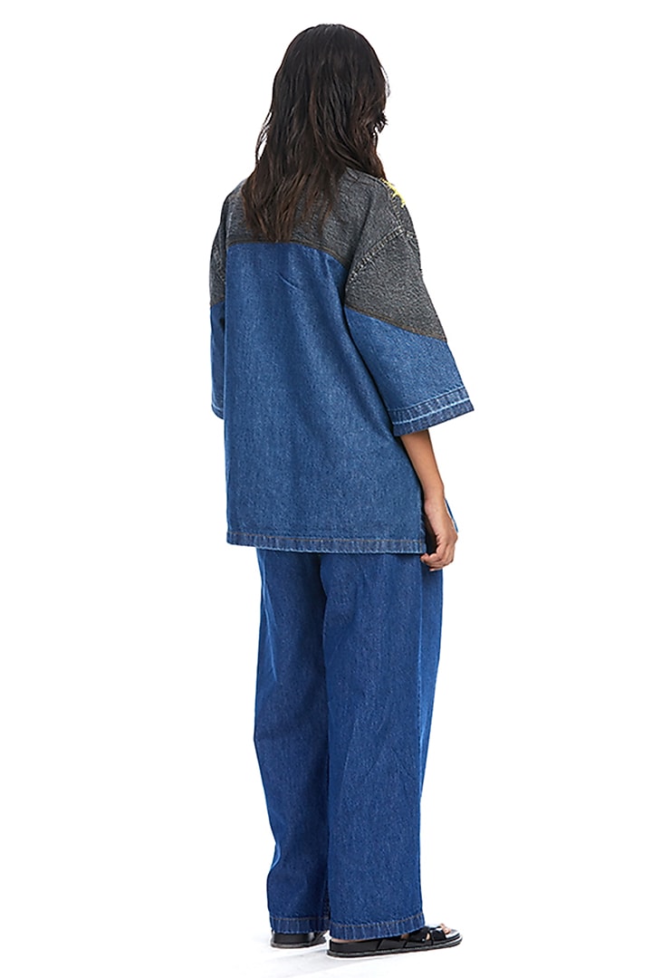 Blue Cotton Denim Zipper Shirt by Kanika Goyal at Pernia's Pop Up Shop