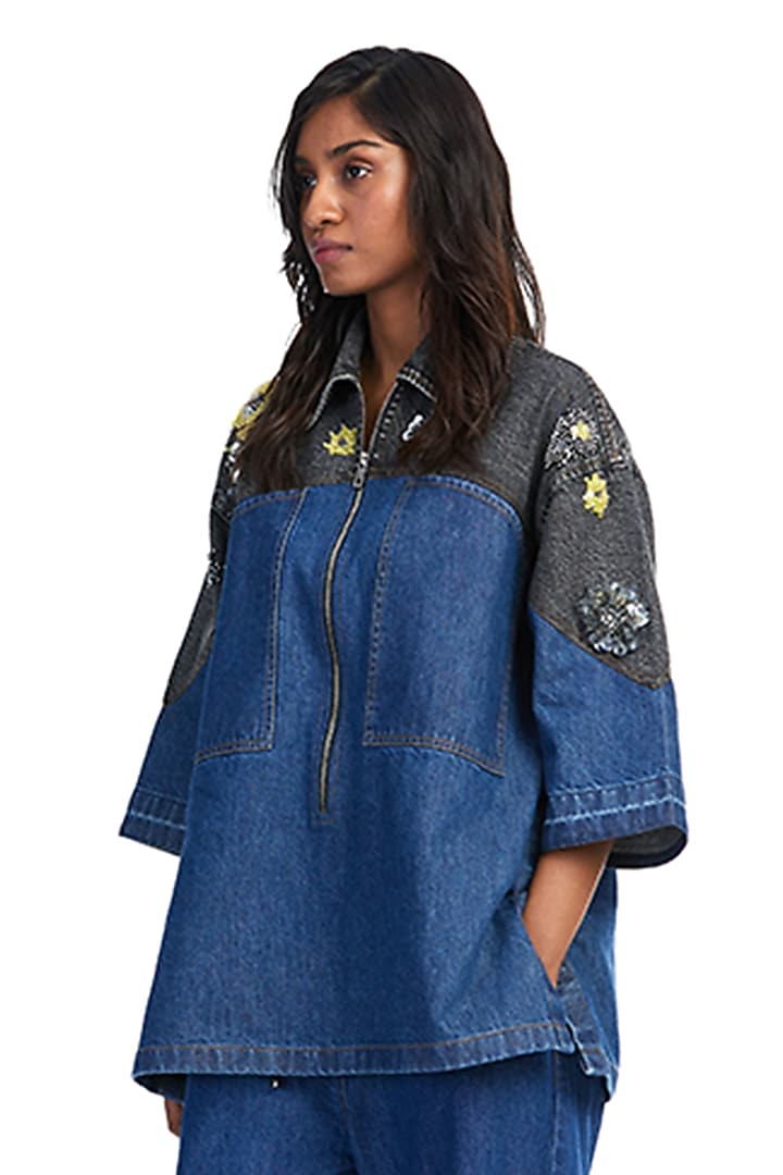 Blue Cotton Denim Zipper Shirt by Kanika Goyal at Pernia's Pop Up Shop