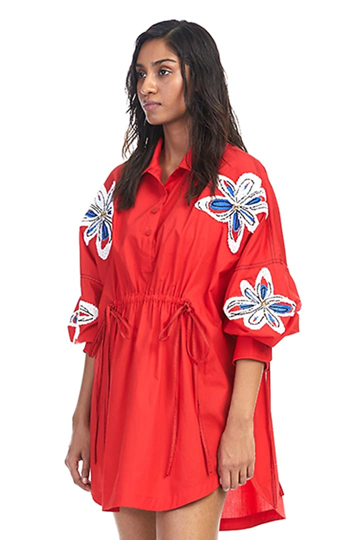 Red Cotton Embellished Vacation Dress by Kanika Goyal at Pernia's Pop Up Shop