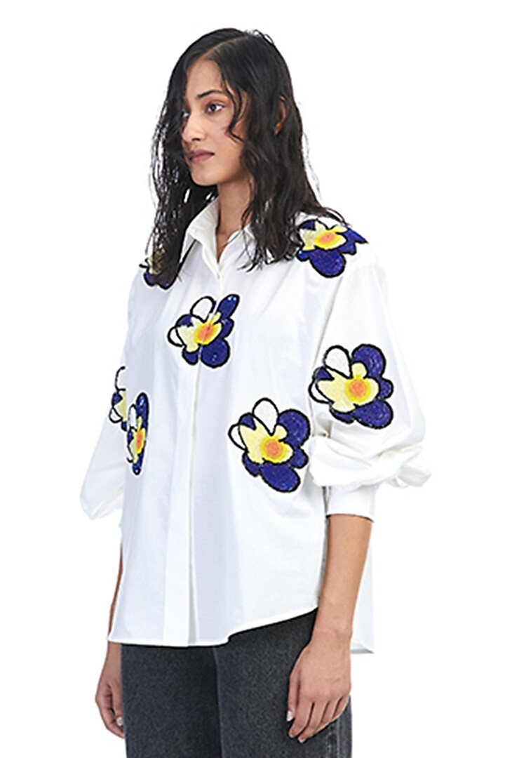 White Cotton Embellished Shirt by Kanika Goyal at Pernia's Pop Up Shop