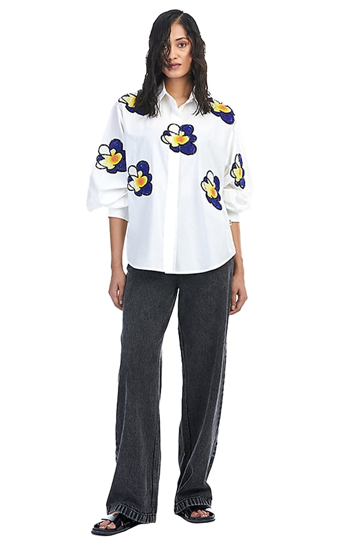 White Cotton Embellished Shirt by Kanika Goyal at Pernia's Pop Up Shop