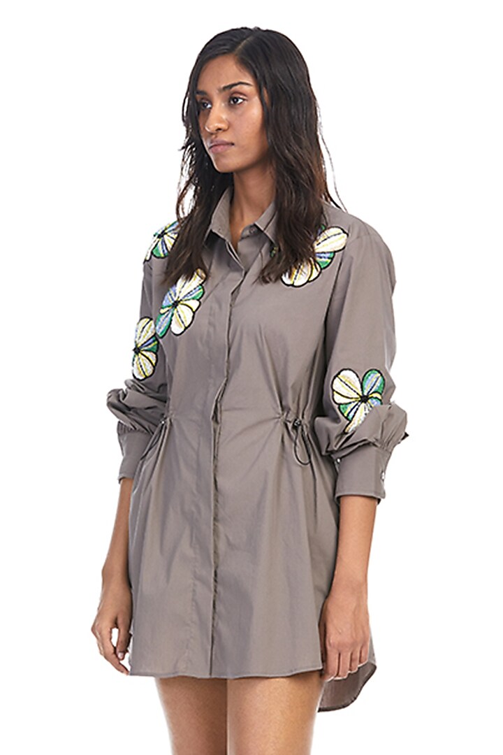 Grey Cotton Embellished Mini Vacation Dress by Kanika Goyal at Pernia's Pop Up Shop