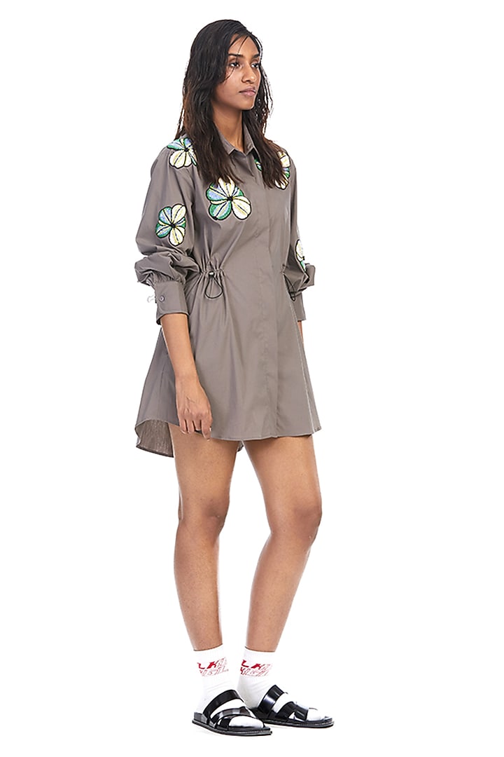 Grey Cotton Embellished Mini Vacation Dress by Kanika Goyal at Pernia's Pop Up Shop