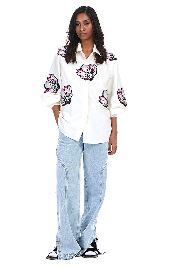 Off-White Cotton Embellished Shirt by Kanika Goyal at Pernia's Pop Up Shop