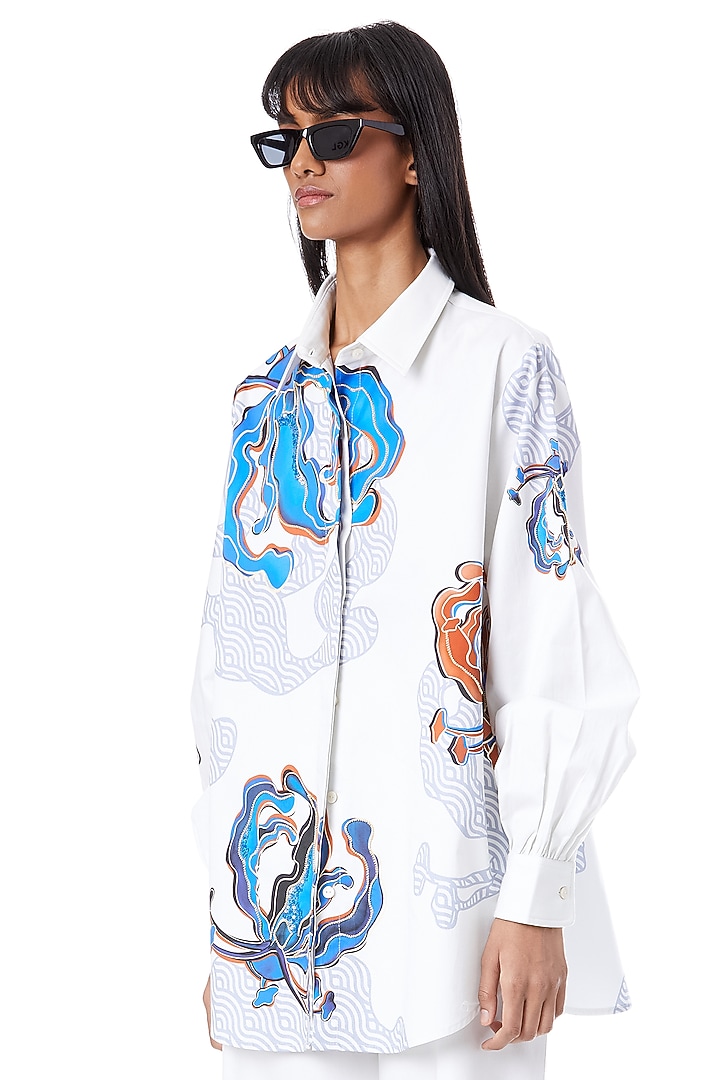 White Cotton Printed Shirt by Kanika Goyal at Pernia's Pop Up Shop