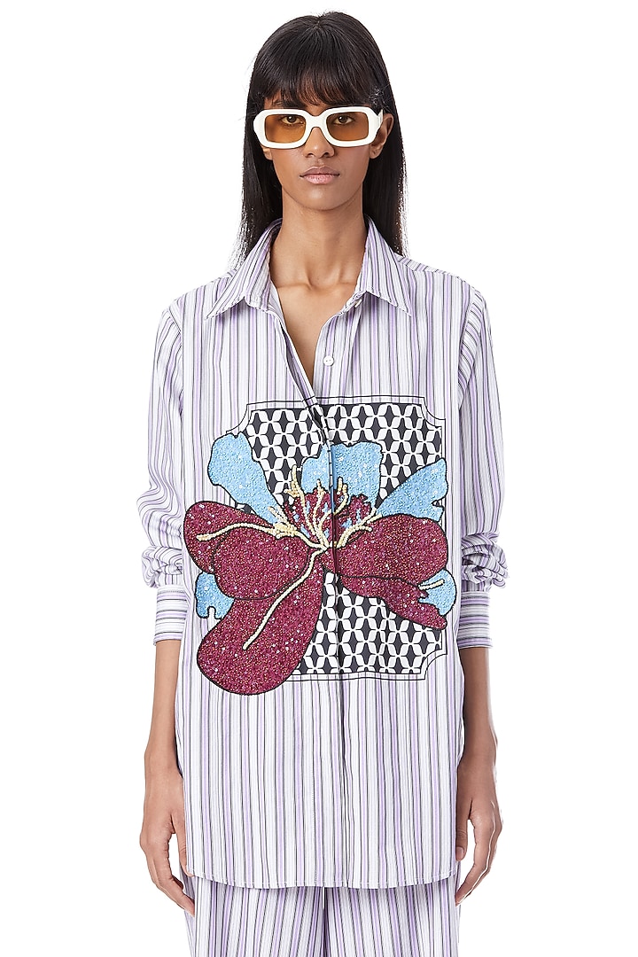 Blue Cotton Printed & Embellished Shirt by Kanika Goyal at Pernia's Pop Up Shop