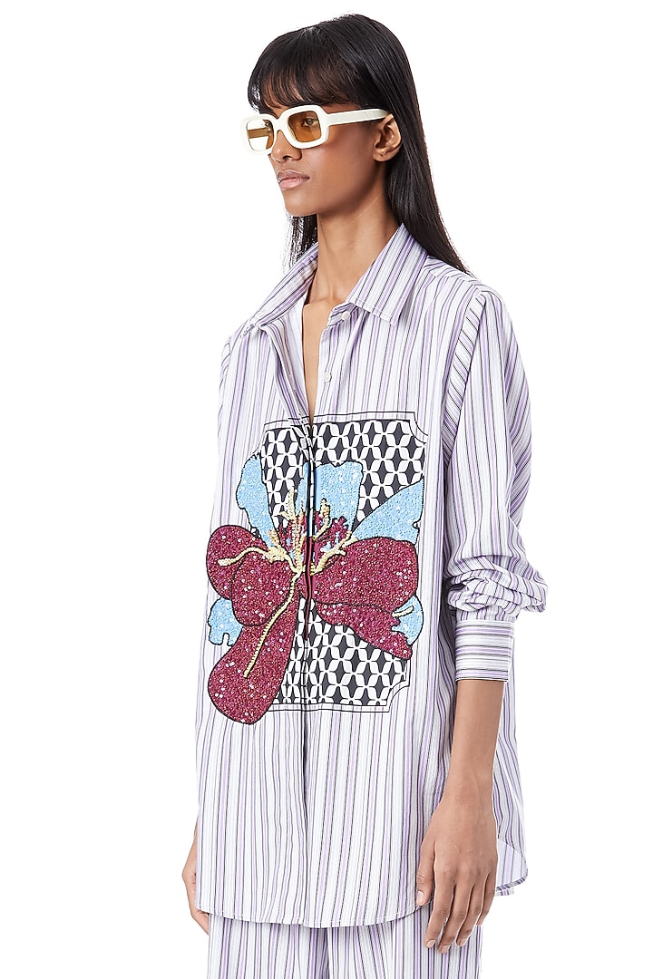 Blue Cotton Printed & Embellished Shirt by Kanika Goyal at Pernia's Pop Up Shop