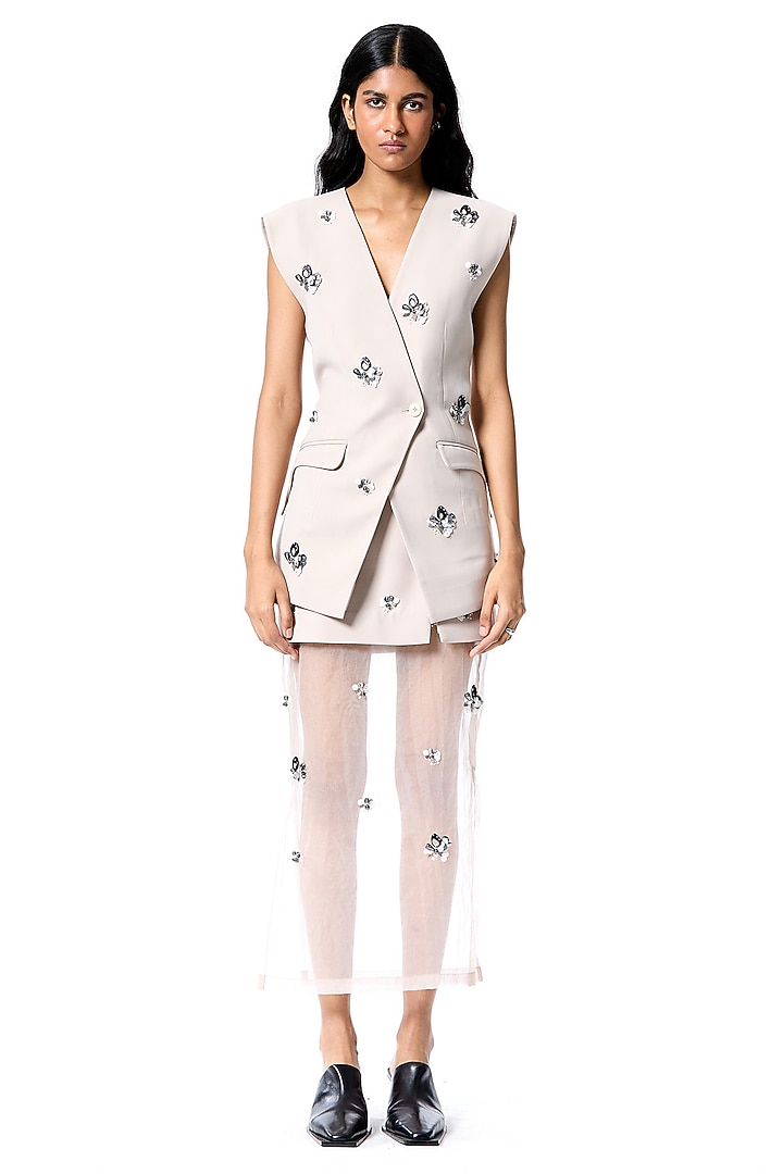 Light Beige Polyester Embellished Blazer Vest by Kanika Goyal at Pernia's Pop Up Shop