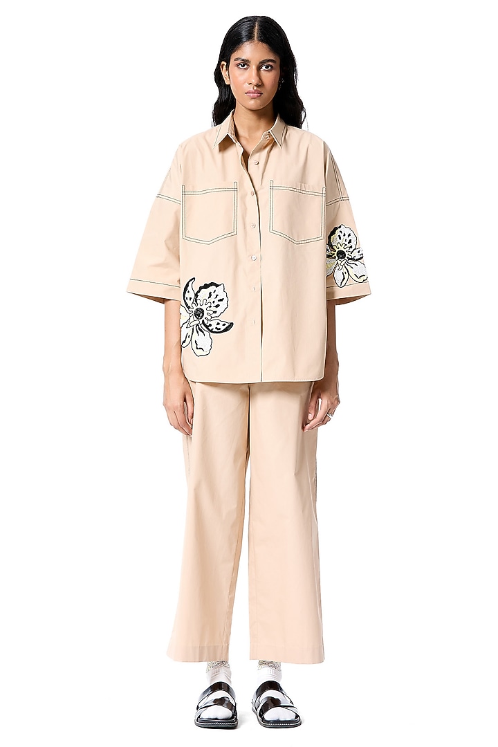 Beige Cotton Hand Embellished Shirt by Kanika Goyal at Pernia's Pop Up Shop
