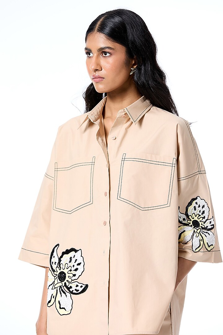 Beige Cotton Hand Embellished Shirt by Kanika Goyal at Pernia's Pop Up Shop