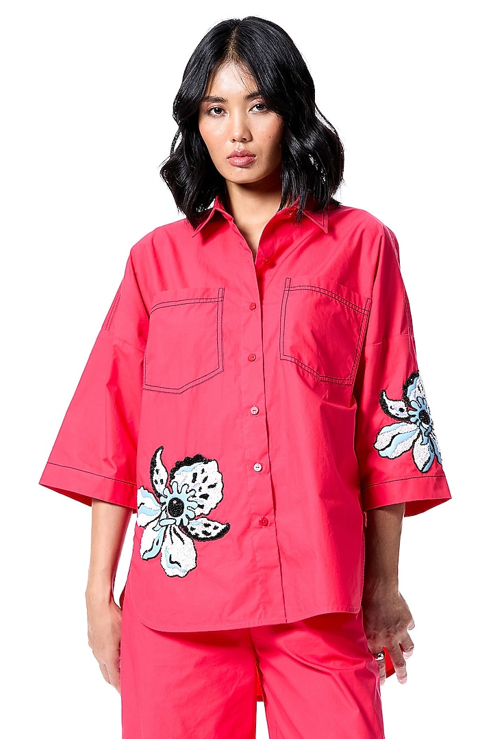 Red Cotton Hand Embellished Shirt by Kanika Goyal at Pernia's Pop Up Shop