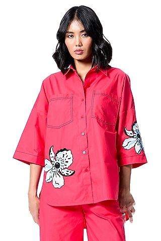 Red Cotton Hand Embellished Shirt by Kanika Goyal