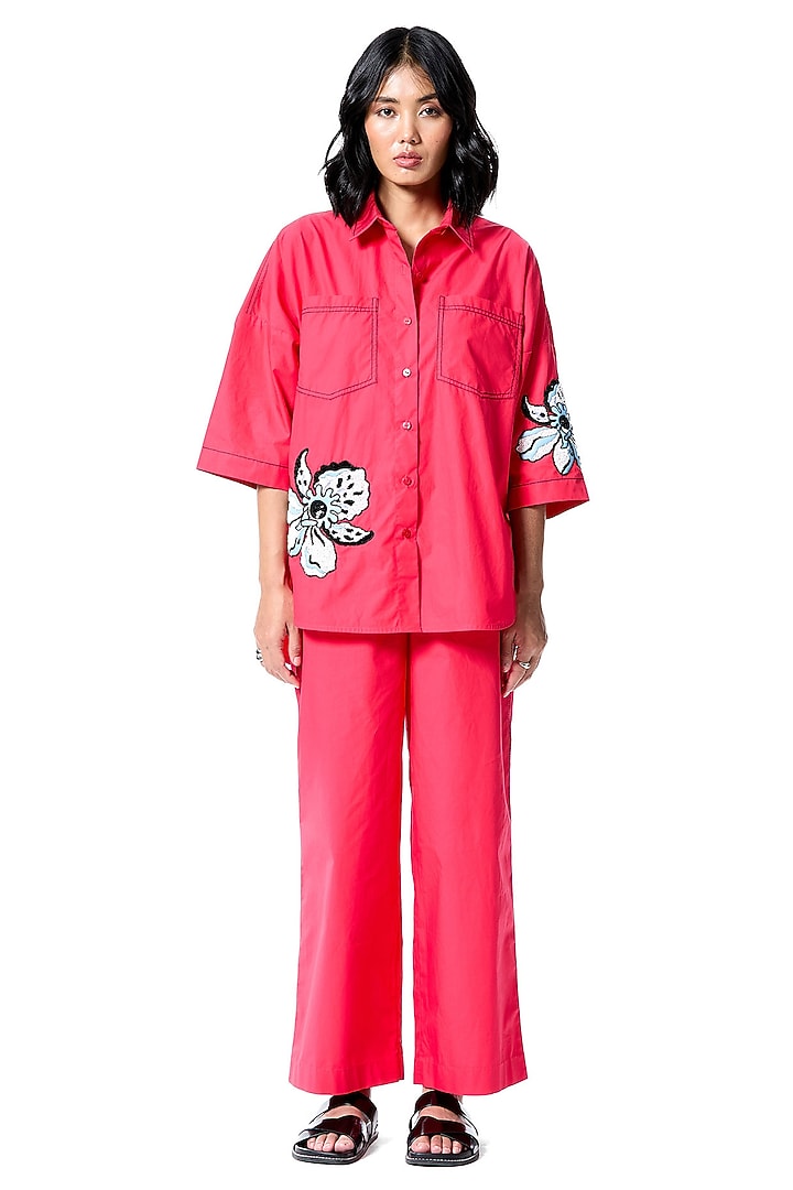 Red Cotton Hand Embellished Shirt by Kanika Goyal at Pernia's Pop Up Shop