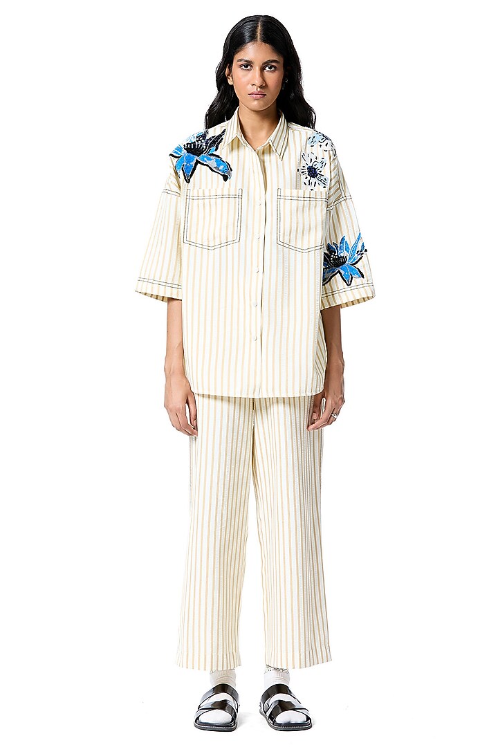 Beige & White Cotton Embellished Shirt by Kanika Goyal at Pernia's Pop Up Shop
