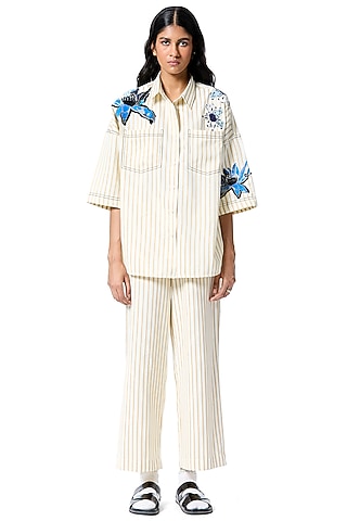 Beige Cotton Striped Pants by Kanika Goyal