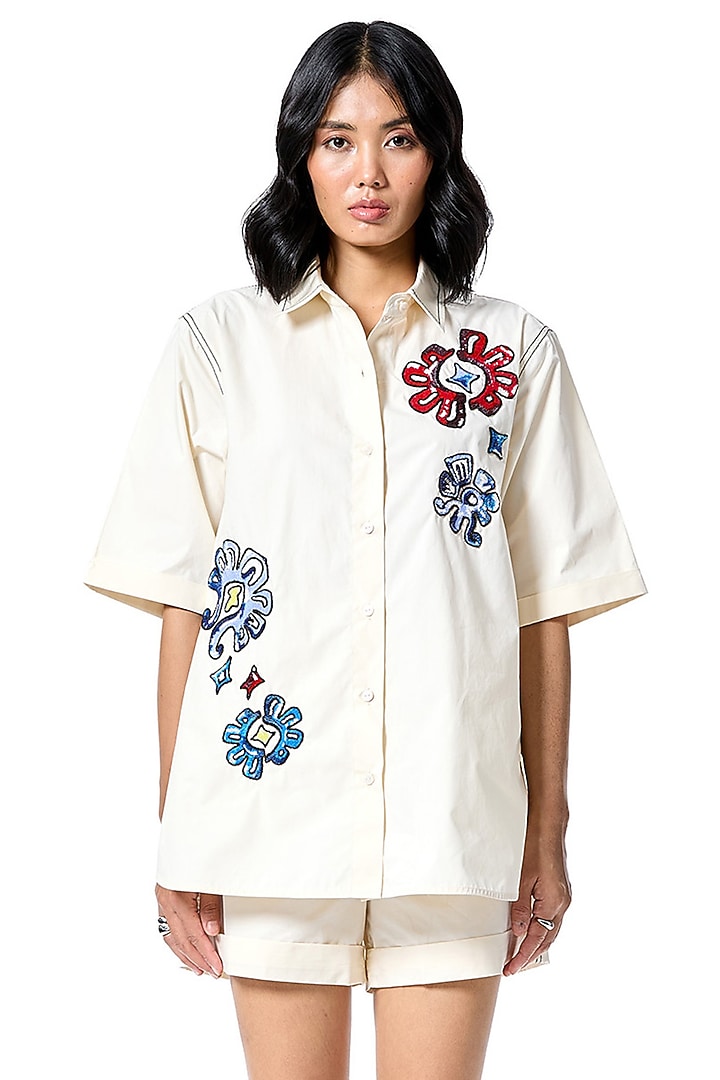 White Cotton Embellished Shirt by Kanika Goyal at Pernia's Pop Up Shop