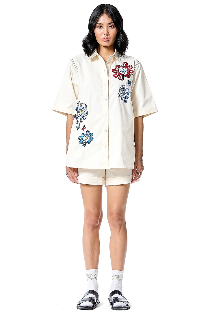 White Cotton Embellished Shirt by Kanika Goyal at Pernia's Pop Up Shop