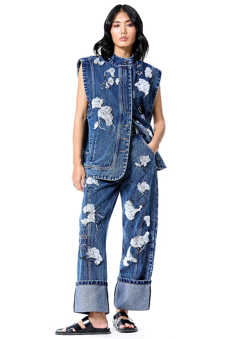 Blue Cotton Embellished Pant by Kanika Goyal at Pernia's Pop Up Shop