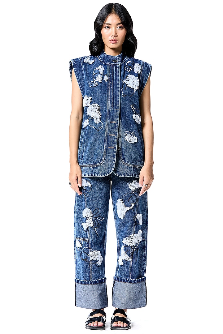 Blue Cotton Embellished Pant by Kanika Goyal at Pernia's Pop Up Shop