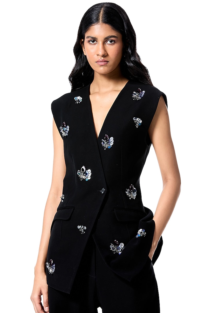 Black Polyester Embellished Blazer Vest by Kanika Goyal at Pernia's Pop Up Shop