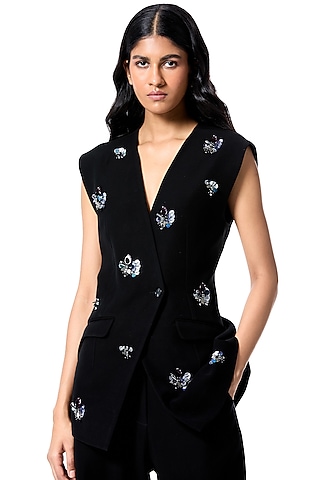 Black Polyester Embellished Blazer Vest by Kanika Goyal