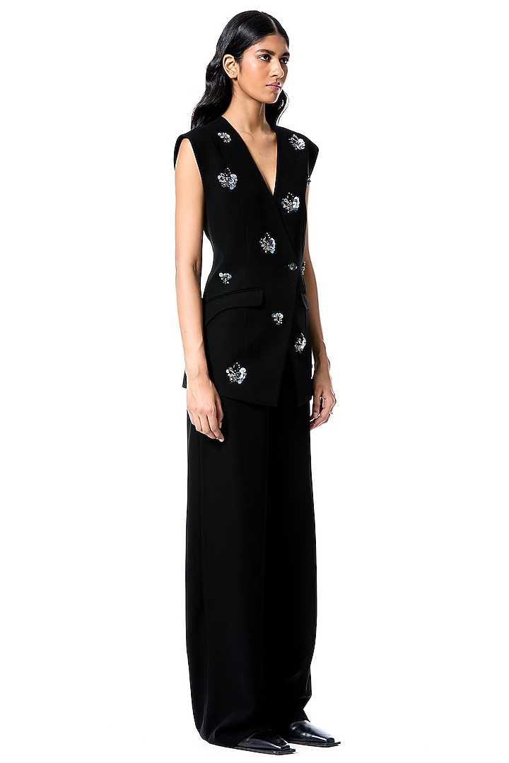 Black Polyester Embellished Blazer Vest by Kanika Goyal at Pernia's Pop Up Shop