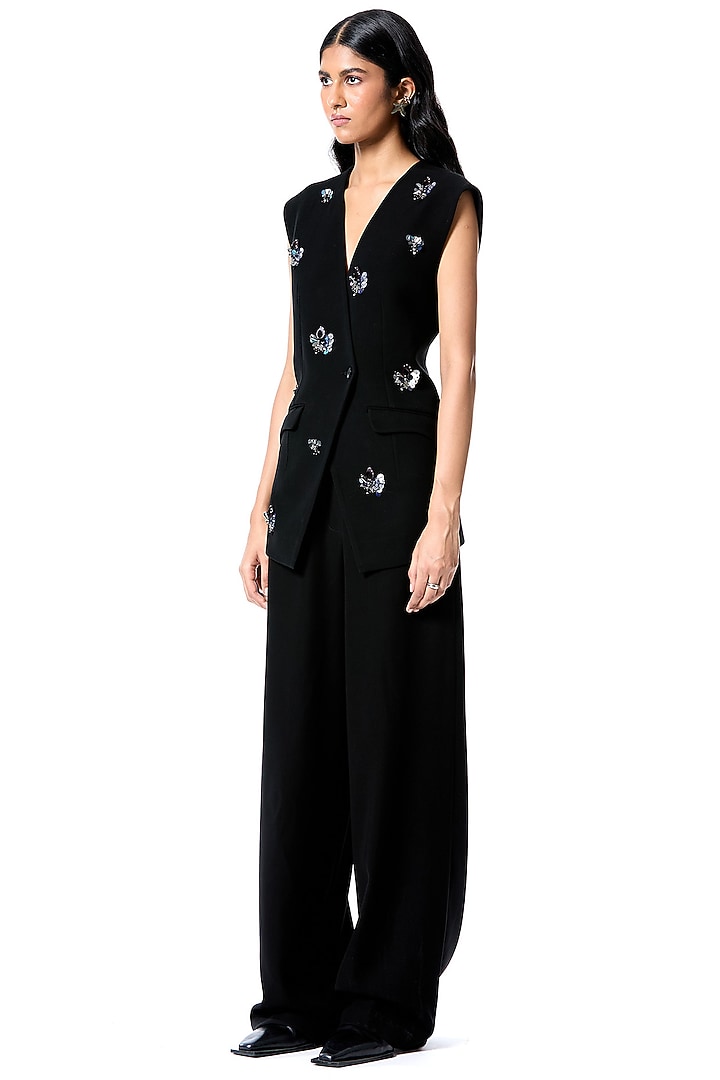 Black Polyester Embellished Blazer Vest by Kanika Goyal at Pernia's Pop Up Shop