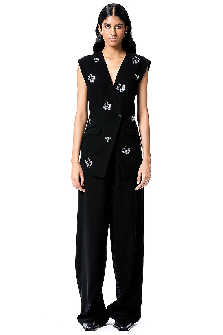 Black Polyester Embellished Blazer Vest by Kanika Goyal at Pernia's Pop Up Shop