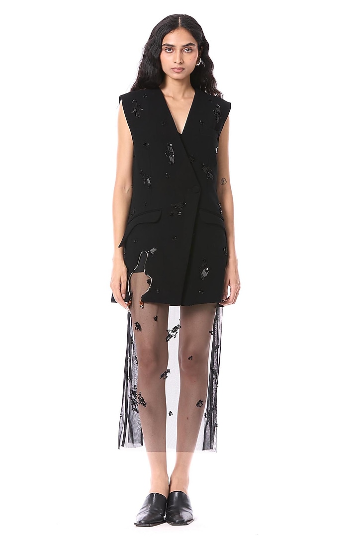 Black Polyester Hand Embellished Blazer by Kanika Goyal at Pernia's Pop Up Shop