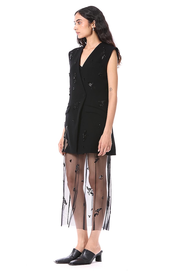 Black Polyester Hand Embellished Blazer by Kanika Goyal at Pernia's Pop Up Shop
