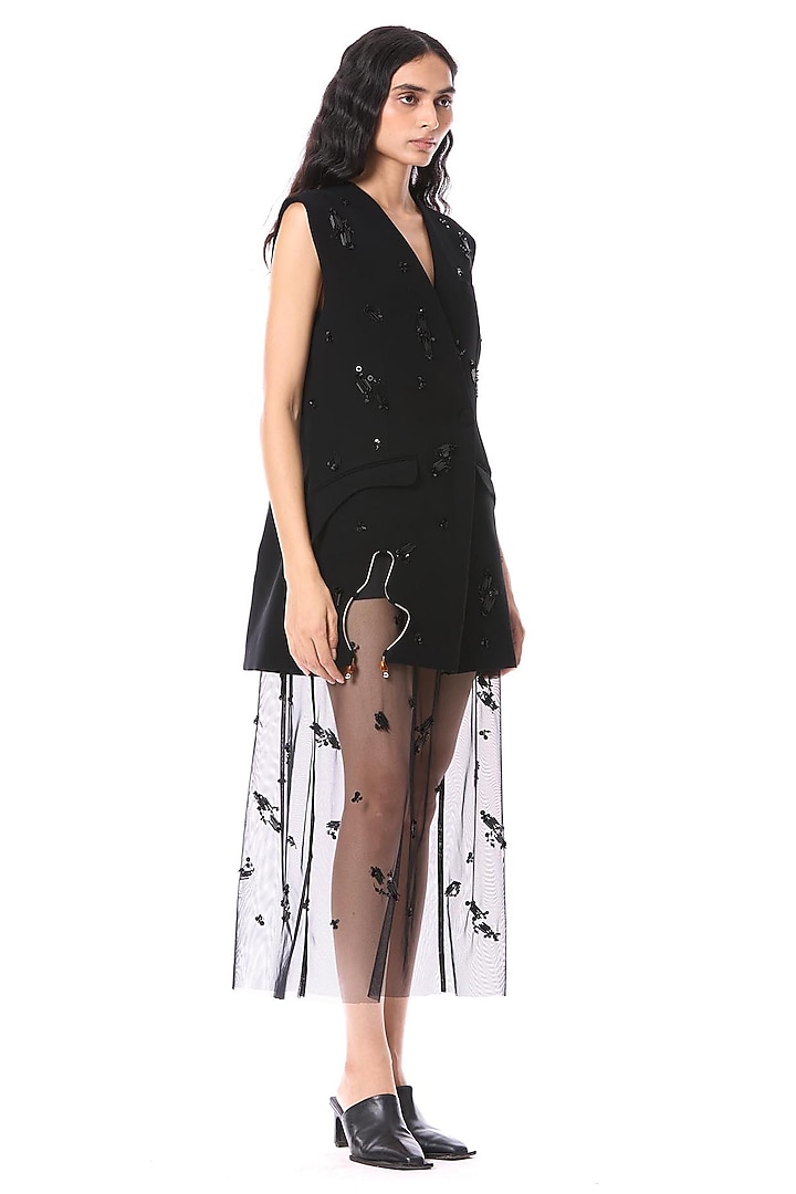 Black Polyester Hand Embellished Blazer by Kanika Goyal at Pernia's Pop Up Shop