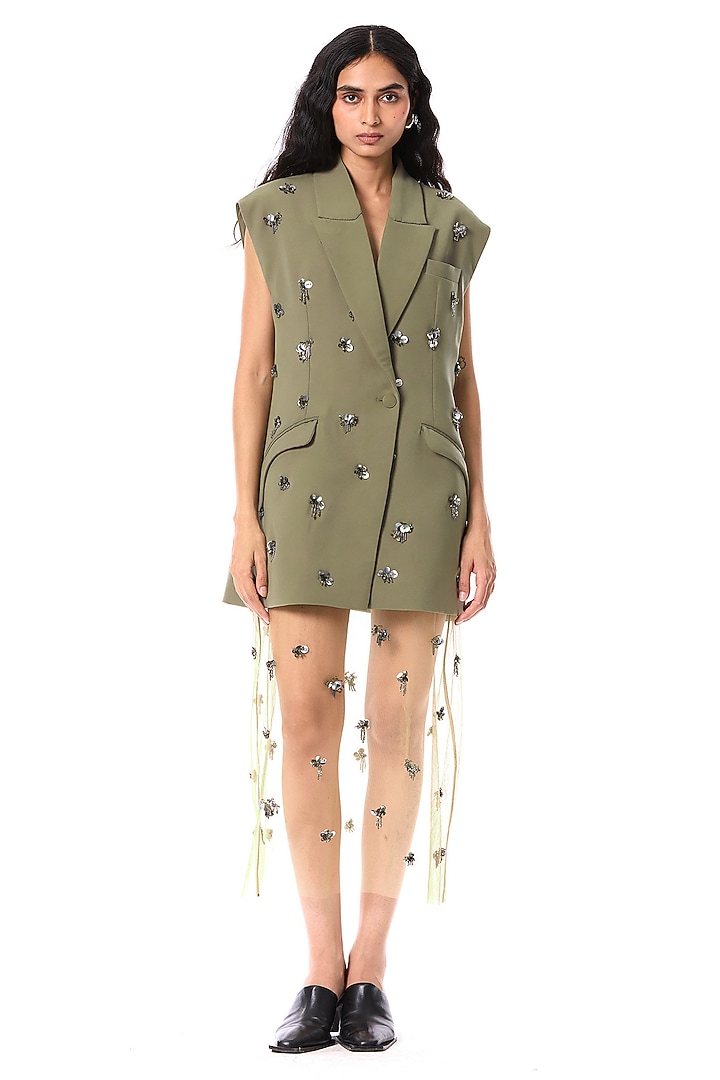 Olive Green Polyester Hand Embellished Blazer by Kanika Goyal at Pernia's Pop Up Shop