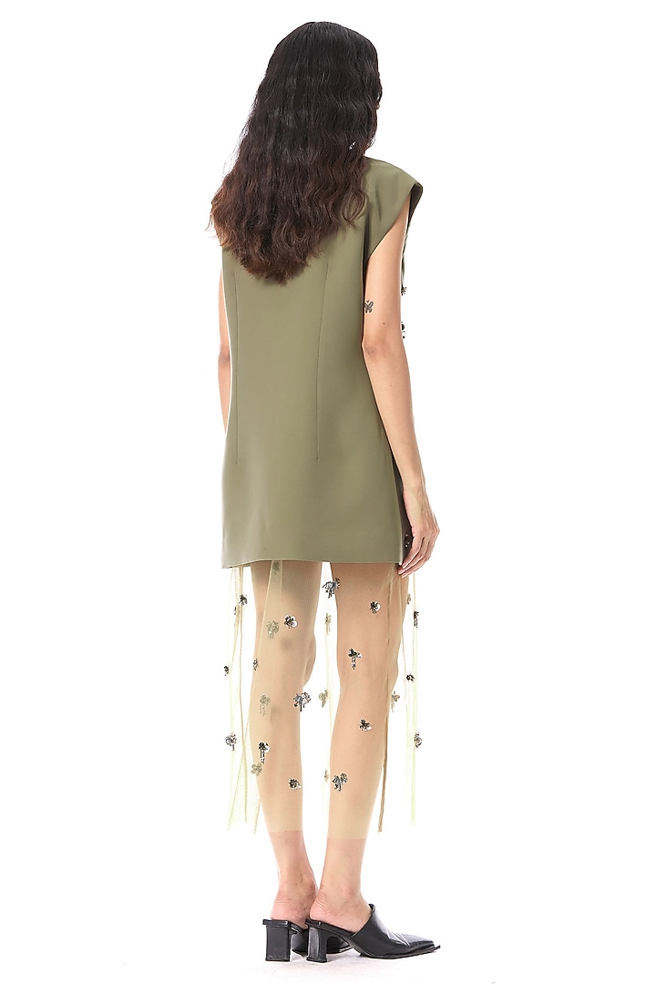 Olive Green Polyester Hand Embellished Blazer by Kanika Goyal at Pernia's Pop Up Shop