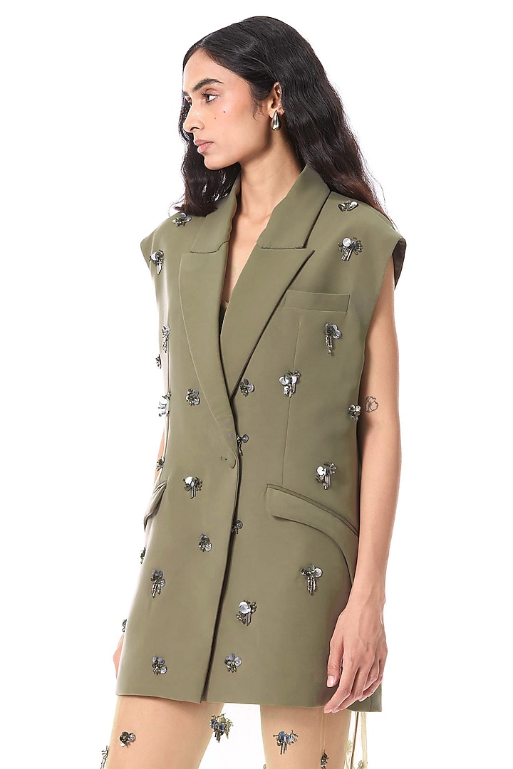 Olive Green Polyester Hand Embellished Blazer by Kanika Goyal at Pernia's Pop Up Shop