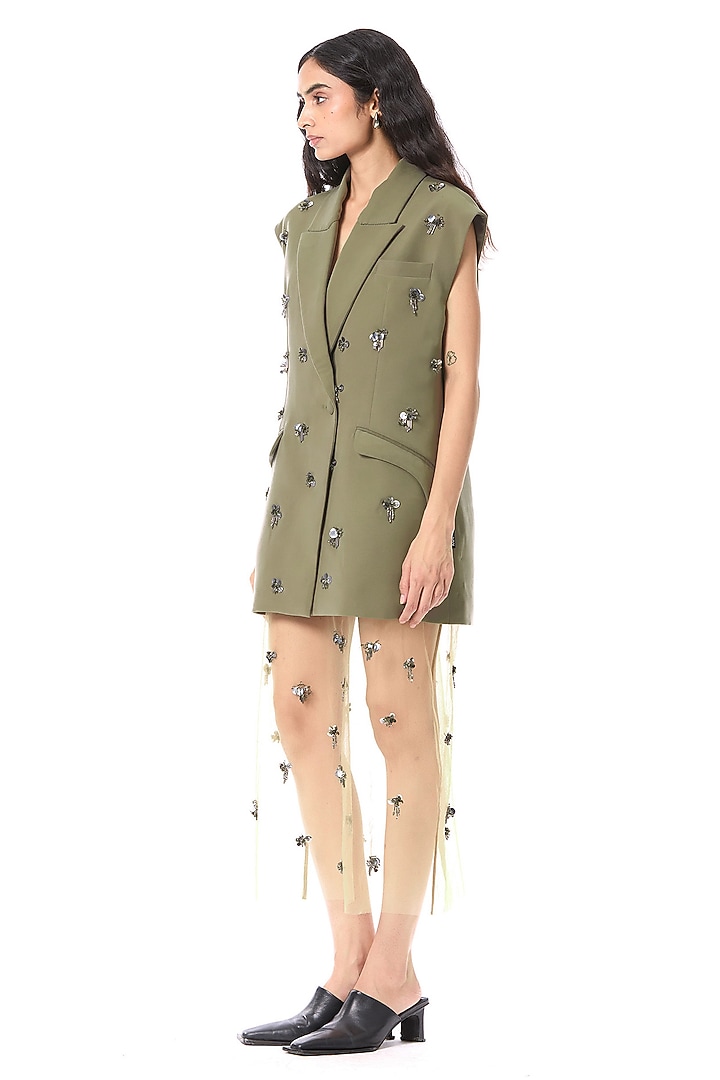 Olive Green Polyester Hand Embellished Blazer by Kanika Goyal at Pernia's Pop Up Shop