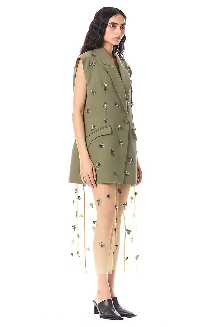 Olive Green Polyester Hand Embellished Blazer by Kanika Goyal at Pernia's Pop Up Shop