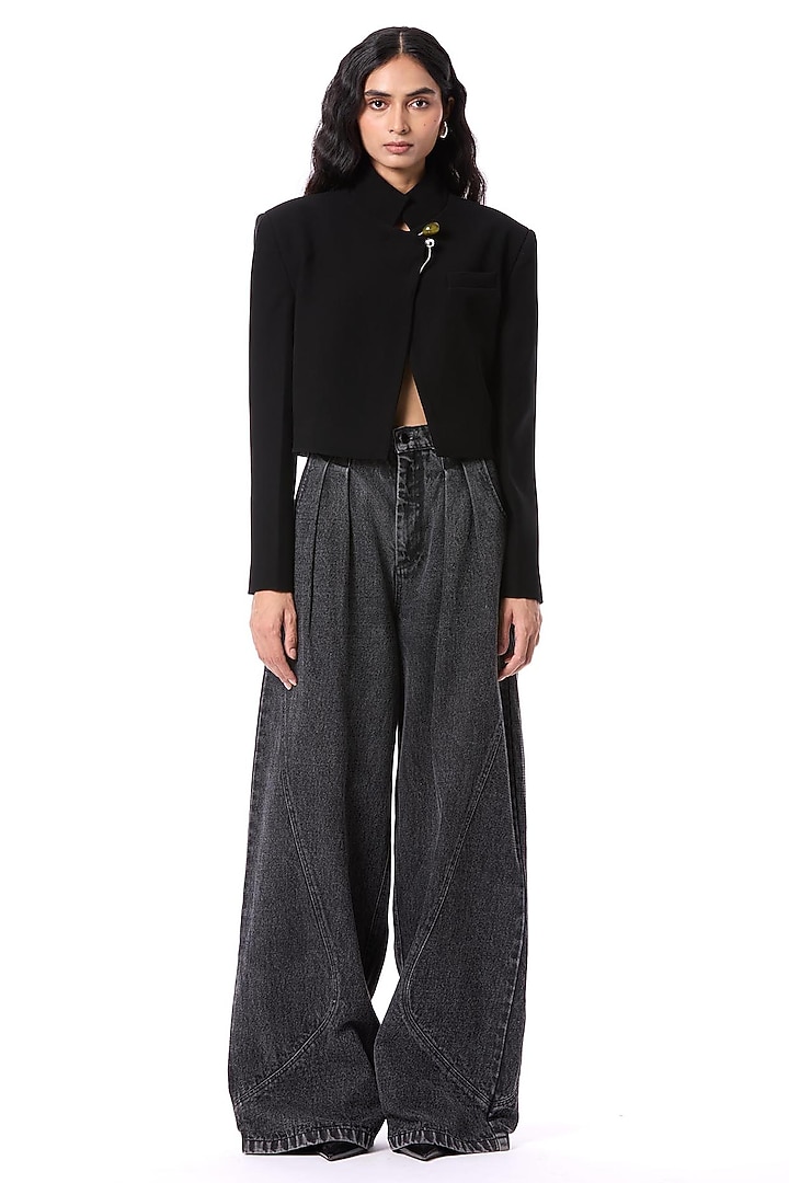 Black Polyester Hand Embellished Cropped Blazer Jacket by Kanika Goyal at Pernia's Pop Up Shop