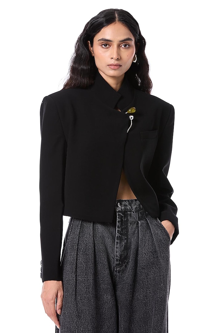 Black Polyester Hand Embellished Cropped Blazer Jacket by Kanika Goyal at Pernia's Pop Up Shop